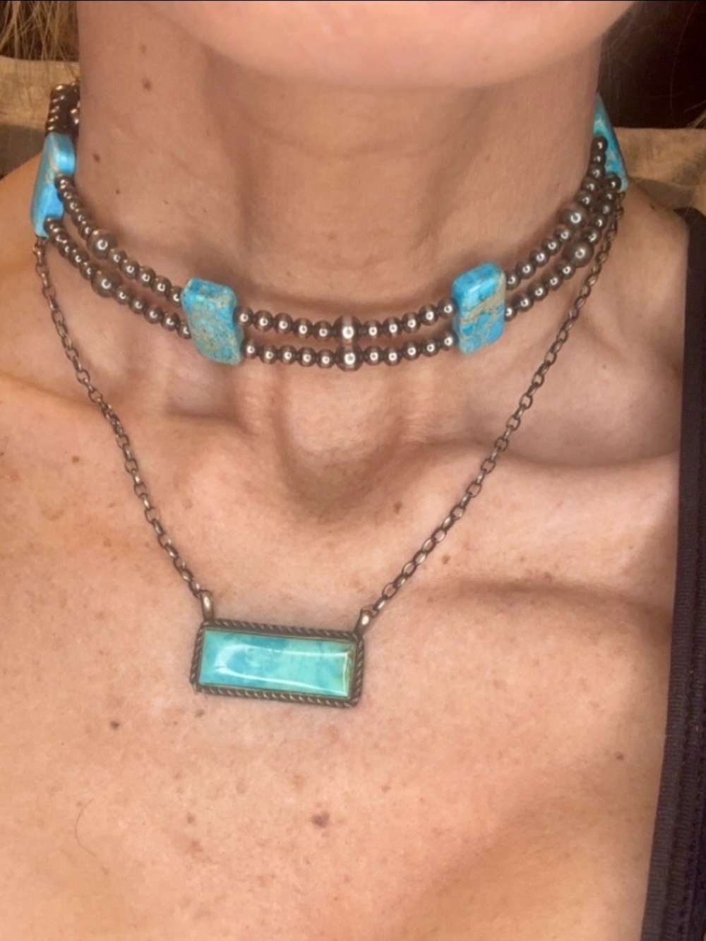 ($240) Native Bar Turquoise Necklace & Navajo Pearl Choker-Women Western jewelry